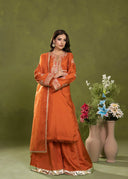 Burnt Orange – Luxury Embroidered 3-Piece Gharara Suit