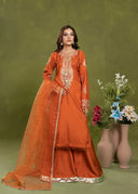 Burnt Orange – Luxury Embroidered 3-Piece Gharara Suit