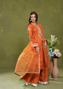 Burnt Orange – Luxury Embroidered 3-Piece Gharara Suit