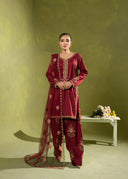 Deep Maroon – Embroidered 3-Piece Festive Suit