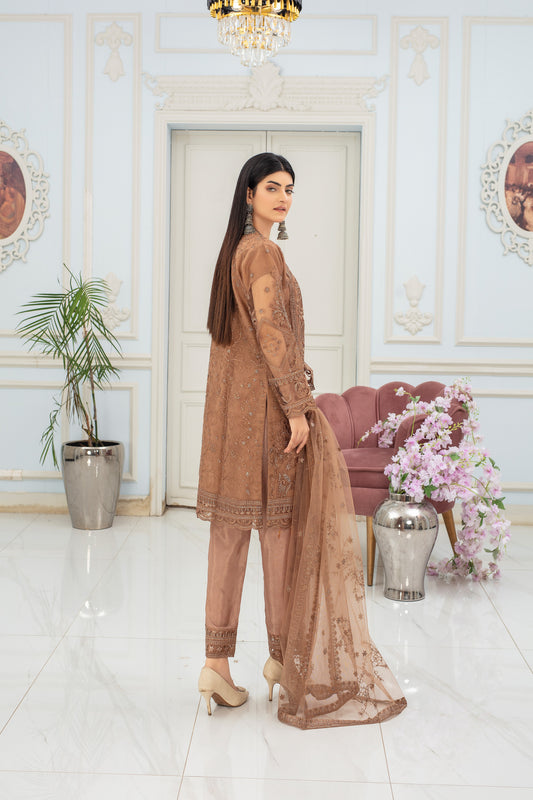 Coffee Elegance - 3 piece Embroidered Net
