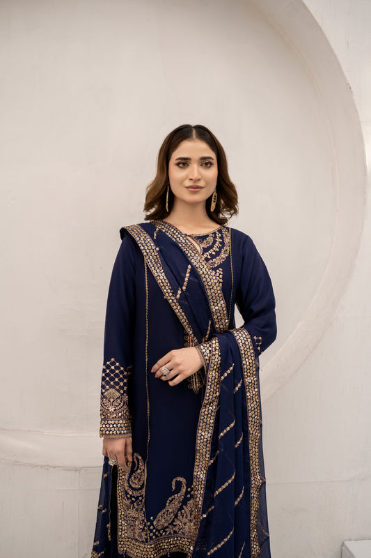 Navy Muse - 3PCS Chiffon Kurta Set