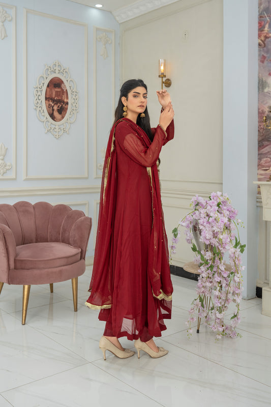 Royal Garnet Embellished Attire - 3 piece Chiffon