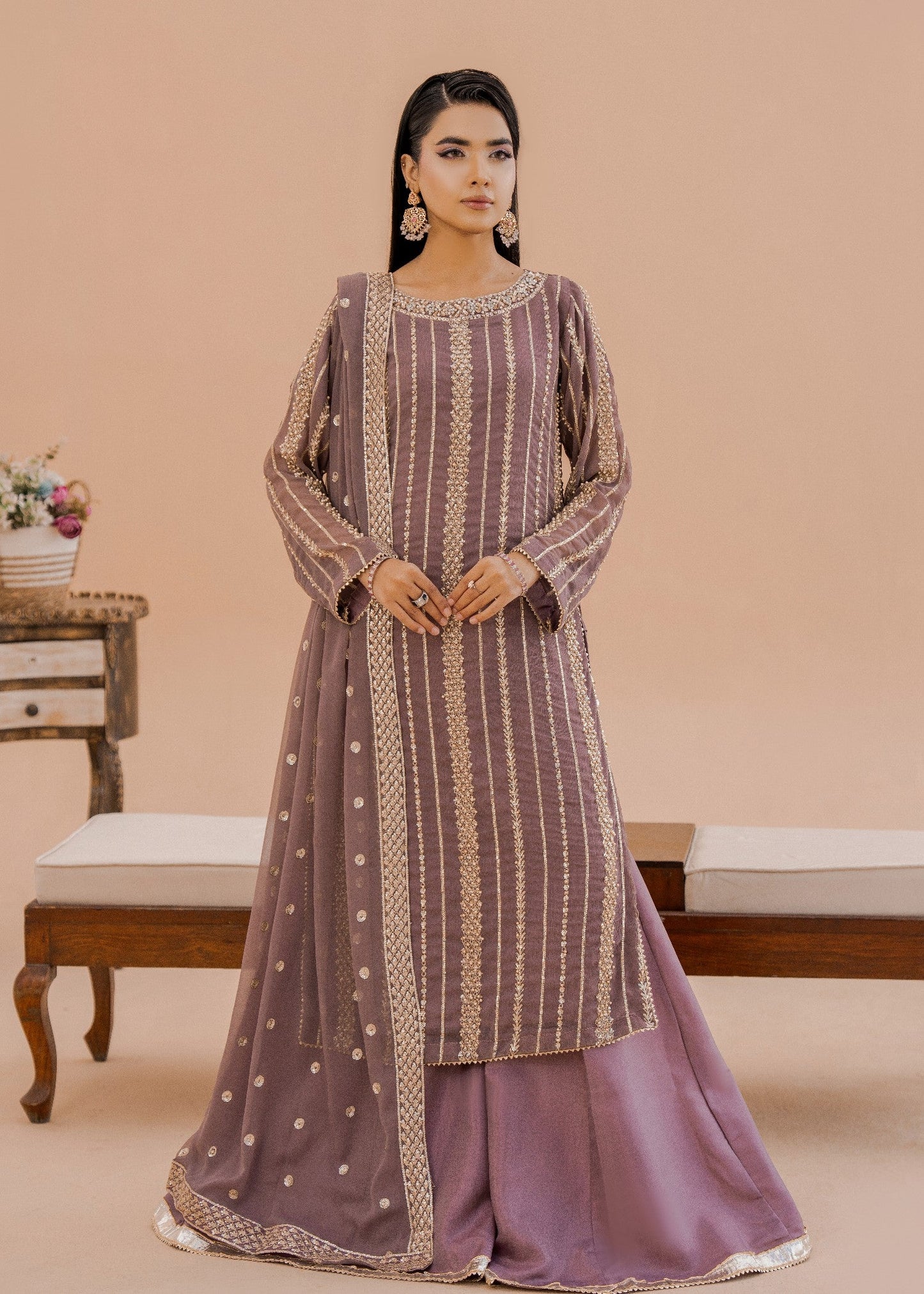 Hania Mauve | 3pcs Sharara Set